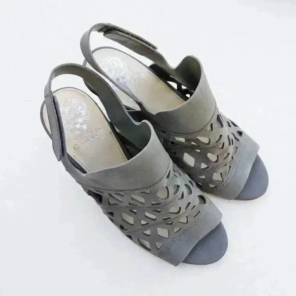 Vince Camuto Deverly Leather Cutout High Heel Sandal Women 9.5W Grey  Stack
